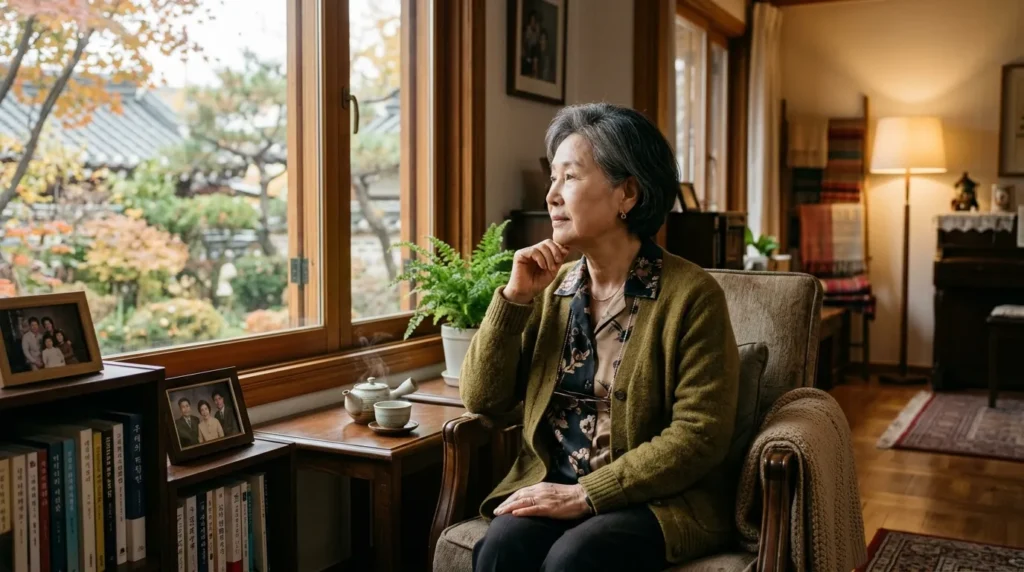 60대 또는 70대로 보이는 한 한국 여성이 사려 깊은 표정으로 창밖을 내다보고 있습니다. 아늑하고 잘 정돈된 거실은 평화롭고 안정적인 분위기를 자아냅니다. 전체적으로 존중과 감사의 마음이 느껴집니다.