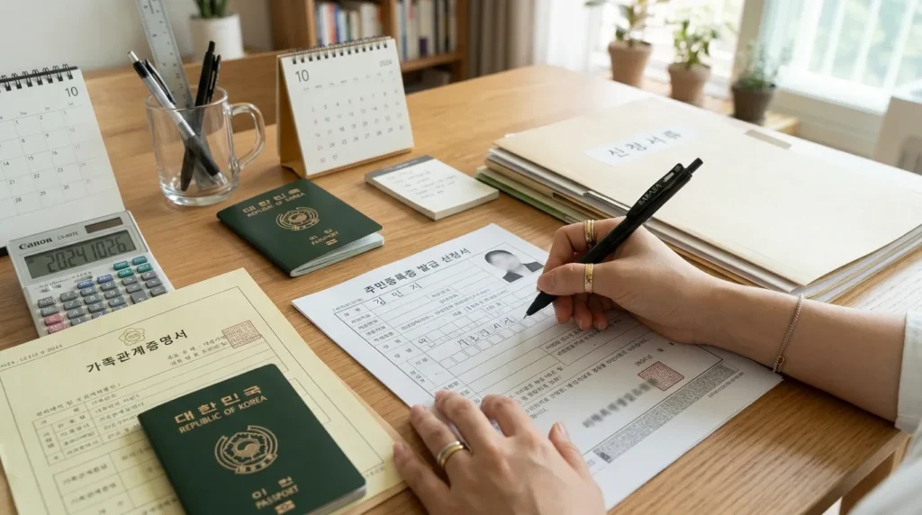 한 한국 여성이 펜을 쥐고 테이블 위에 놓인 신청서를 꼼꼼히 작성하고 있습니다. 신청서 주변에는 각종 서류와 계산기가 가지런히 놓여 있어 철저한 준비를 보여줍니다. 밝고 정돈된 분위기입니다.
