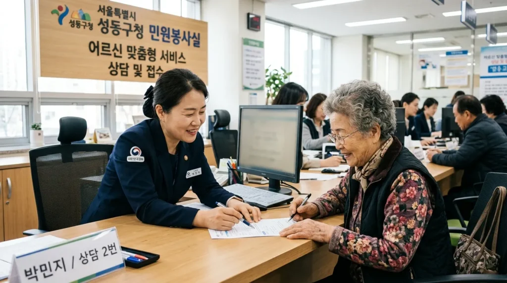 정부 공무원이 민원 창구에서 나이 지긋하신 한국 여성의 신청 절차를 친절하게 도와드리고 있습니다. 배경에 안내판이 있어 도움을 주고받는다는 느낌을 줍니다.