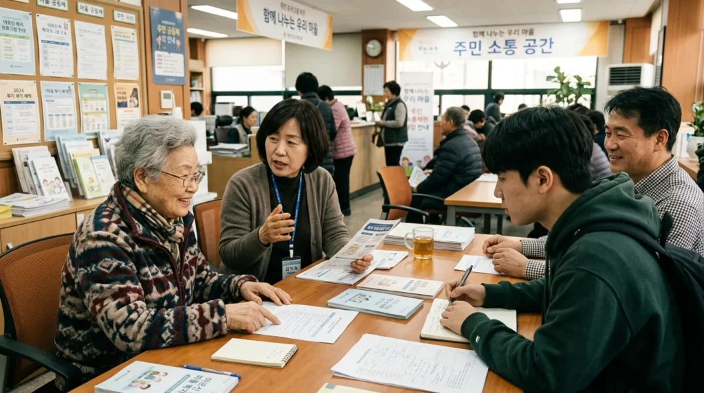 나이 지긋하신 여성, 중년 여성, 젊은이 등 다양한 연령대의 한국 사람들이 지역 센터나 공공기관에 모여 있습니다. 사회복지나 지원 프로그램에 대해 이야기를 나누는 모습은 공동체 의식과 자원을 공유한다는 느낌을 줍니다.