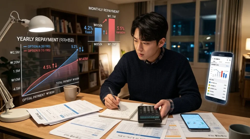 한국인 청년이 복잡한 서류와 계산기, 그리고 스마트폰 앱을 활용하여 대출 이자율과 상환 계획을 꼼꼼하게 비교하고 검토하는 모습. 숫자가 적힌 그래프와 화살표가 주변에 시각적으로 표현되어 있다.
