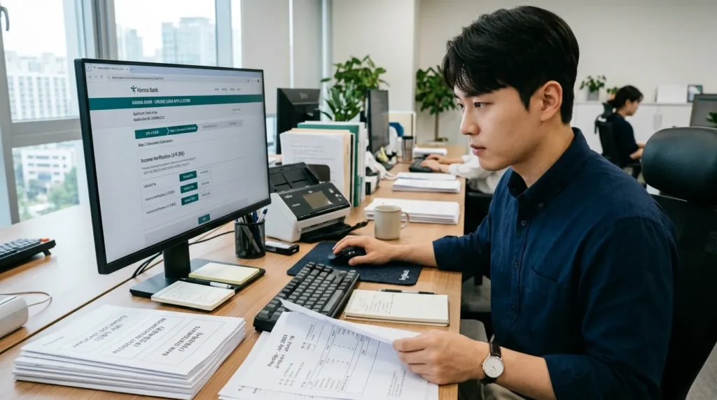 한국인 청년이 깔끔한 사무실 배경에서 온라인 대출 신청 웹사이트를 열어두고 필요한 서류들을 하나씩 준비하며 입력하는 모습. 서류들이 정돈되어 있고, 마우스와 키보드를 사용하는 손이 클로즈업되어 있다.