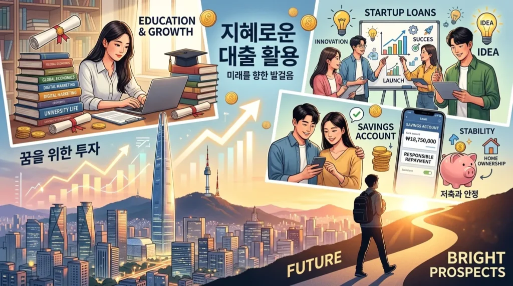 한국인 청년이 대출금을 현명하게 활용하는 다양한 시나리오를 시각화한 콜라주. 학업 관련 서적, 스타트업 아이콘, 안정적인 저축통장, 그리고 미래를 향해 걸어가는 사람의 실루엣이 조화롭게 배치되어 있다.