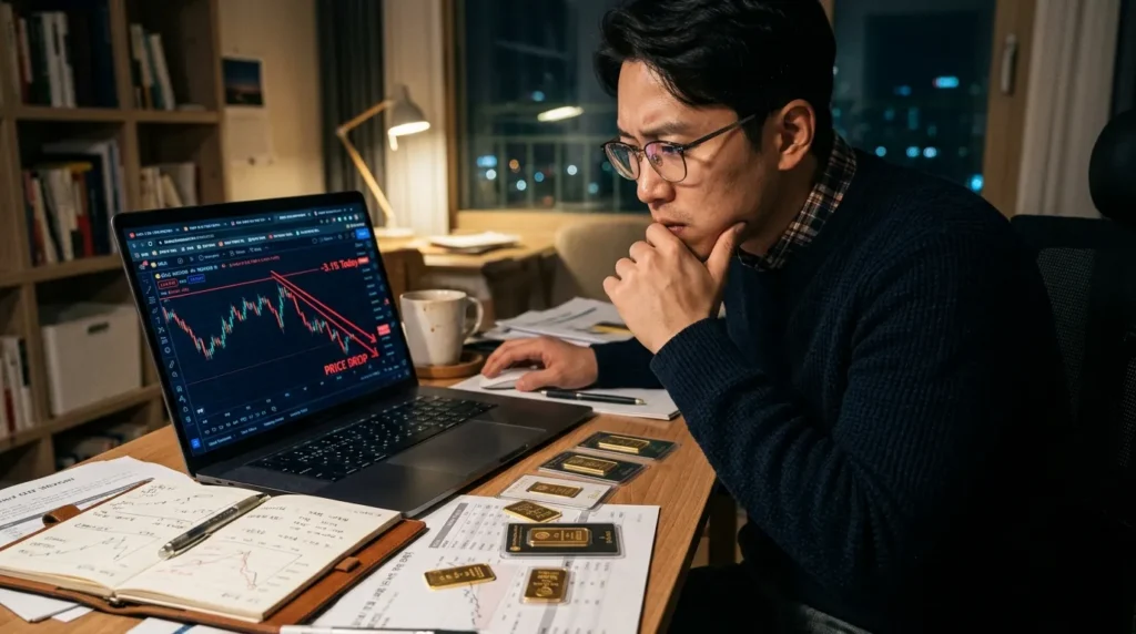한 한국인 남성이 노트북으로 금 차트를 심각하게 바라보고 있다. 차트는 급격한 하락세를 보이며 빨간색으로 표시되어 있다. 주변에는 금괴 모형과 금융 관련 서류들이 흩어져 있다.