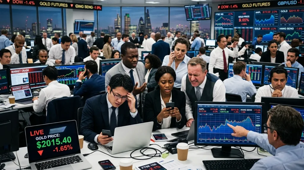 다양한 국적의 사람들이 모여있는 국제 금융 시장의 분주한 모습. 노트북과 스마트폰으로 실시간 주식 및 금 시세를 확인하며 긴장된 표정을 짓고 있다. 일부는 실망감을 드러내기도 한다.