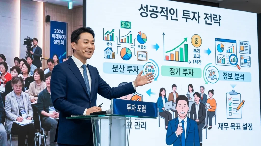 다양한 투자 전략을 보여주는 인포그래픽 앞에서 한 한국인 재테크 전문가가 미소를 지으며 투자자들에게 조언을 해주고 있다. 주변에는 분산 투자, 장기 투자, 정보 분석 등의 키워드가 표시되어 있다.