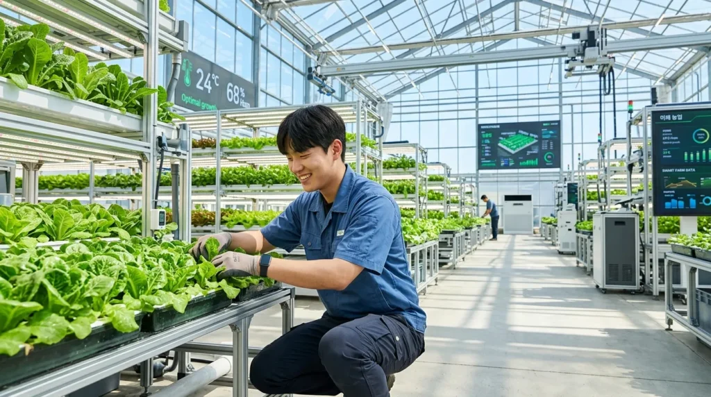 한국인 청년 농업인이 넓은 스마트팜에서 작물을 돌보고 있는 모습. 농업의 현대화와 미래를 상징하는 밝고 희망찬 분위기.