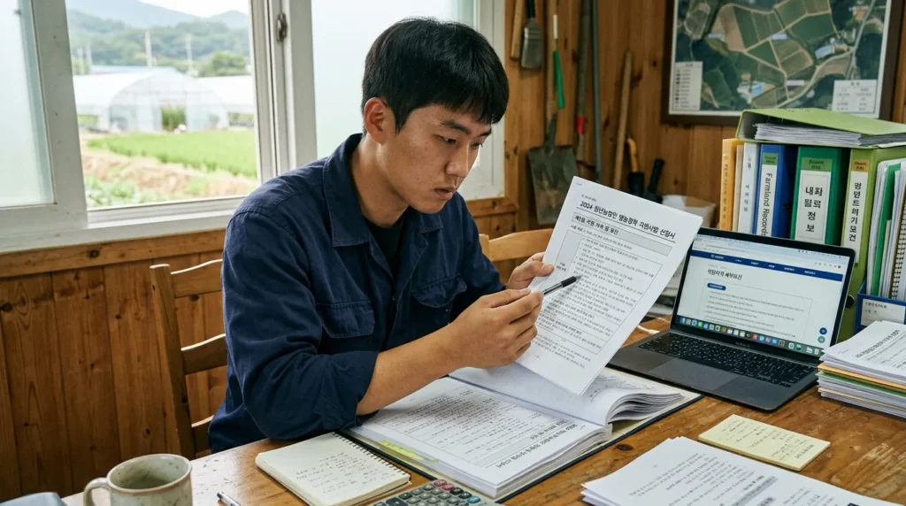 서류와 노트북을 앞에 두고 진지하게 신청서를 작성하는 한국인 청년 농업인. 신청 자격 요건을 꼼꼼히 확인하는 모습.