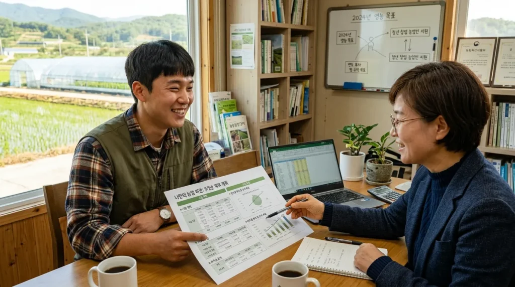 한국인 청년 농업인이 전문가와 함께 영농 자금 계획을 세우며 컨설팅을 받는 모습. 밝은 표정으로 미래를 설계하는 모습.