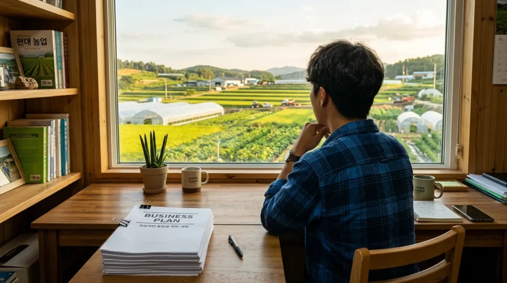 깨끗하게 정리된 책상 위, '사업계획서'라고 적힌 서류 뭉치와 펜, 그리고 성공적인 농업을 꿈꾸는 한국인 청년 농업인의 뒷모습.