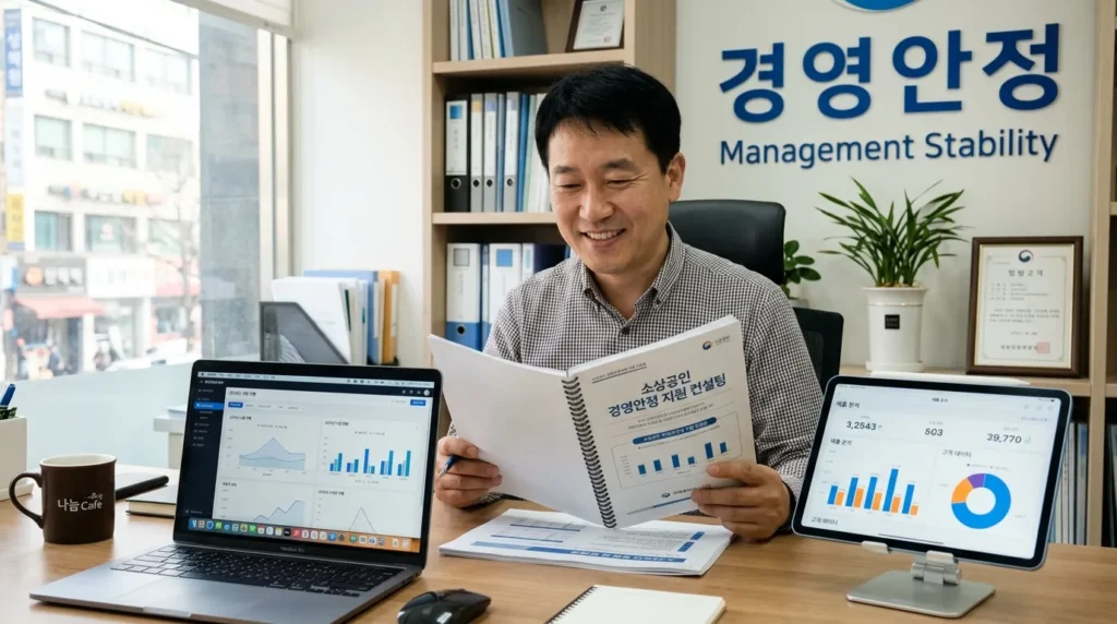 한국인 소상공인이 노트북 앞에서 경영 컨설팅 자료를 보며 안도하는 표정. 옆에는 그래프와 데이터가 표시된 태블릿이 놓여있고, 뒤에는 '경영 안정'이라는 글자가 깔끔한 사무실 인테리어와 어우러져 있다.