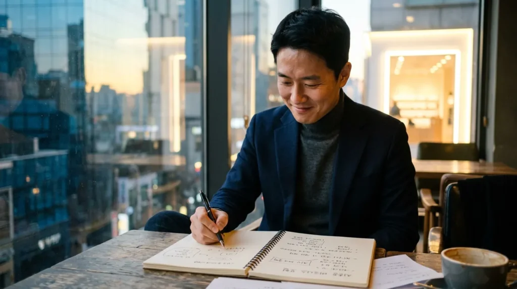 실패 후 재기를 꿈꾸는 한국인 사업가가 새로운 사업 아이디어를 스케치북에 그리고 있다. 그의 얼굴에는 결연한 의지와 희망이 보이며, 배경에는 '재창업 성공'이라는 밝은 빛이 비친다.