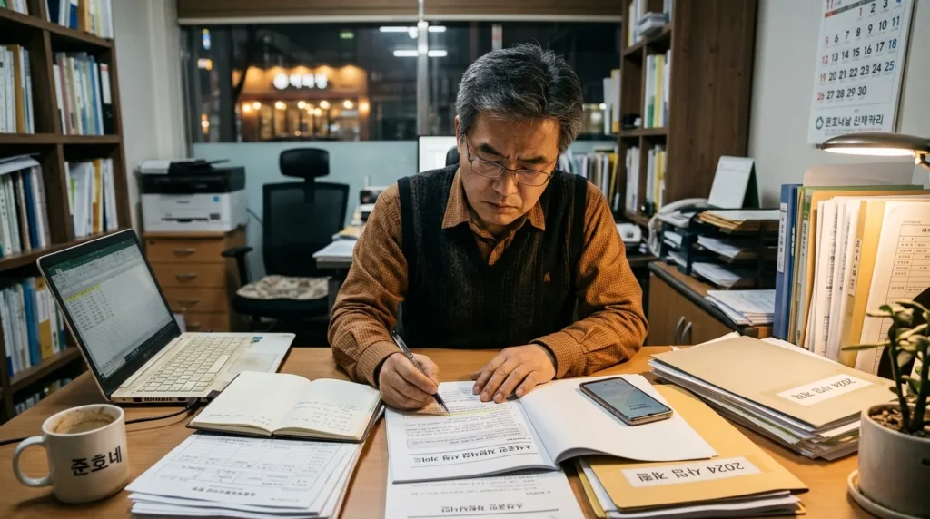 다양한 사업 서류와 컴퓨터, 스마트폰이 놓인 책상에서 한국인 소상공인이 지원 사업 신청 가이드북을 꼼꼼히 읽고 있다. 그의 표정은 진지하며, 성공적인 사업 운영을 위한 전략을 모색하는 모습이다.