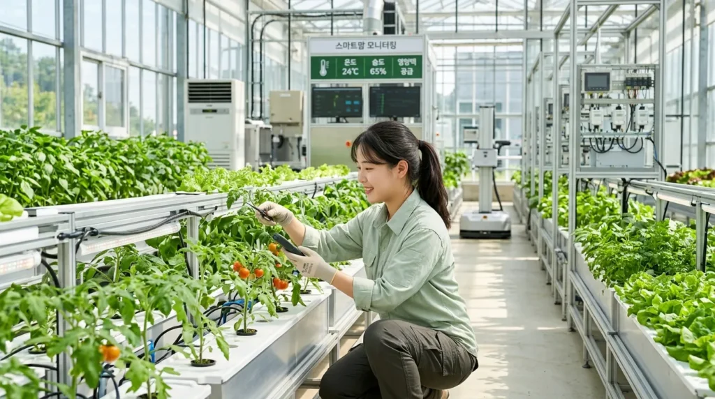 한국인 젊은 농부가 스마트팜 온실에서 싱싱한 작물을 정성껏 돌보는 모습. 배경에는 최첨단 농업 기술이 적용된 시스템이 희미하게 보인다. 전체적으로 밝고 희망찬 분위기이다.