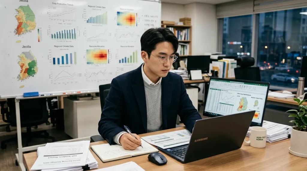 젊은 한국인 남성이 노트북으로 복잡한 서류를 검토하며 신중하게 계획을 세우는 모습, 뒤로는 농업 관련 데이터 시각화 자료가 흐릿하게 보인다. 진지하고 분석적인 분위기이다.