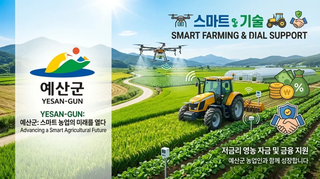 예산군 로고와 스마트 농업 기술, 금융 지원을 상징하는 아이콘들이 어우러진 배너 이미지. 농업용 드론, 트랙터, 그리고 저금리 대출을 상징하는 동전과 농작물이 함께 배치되어 있다.