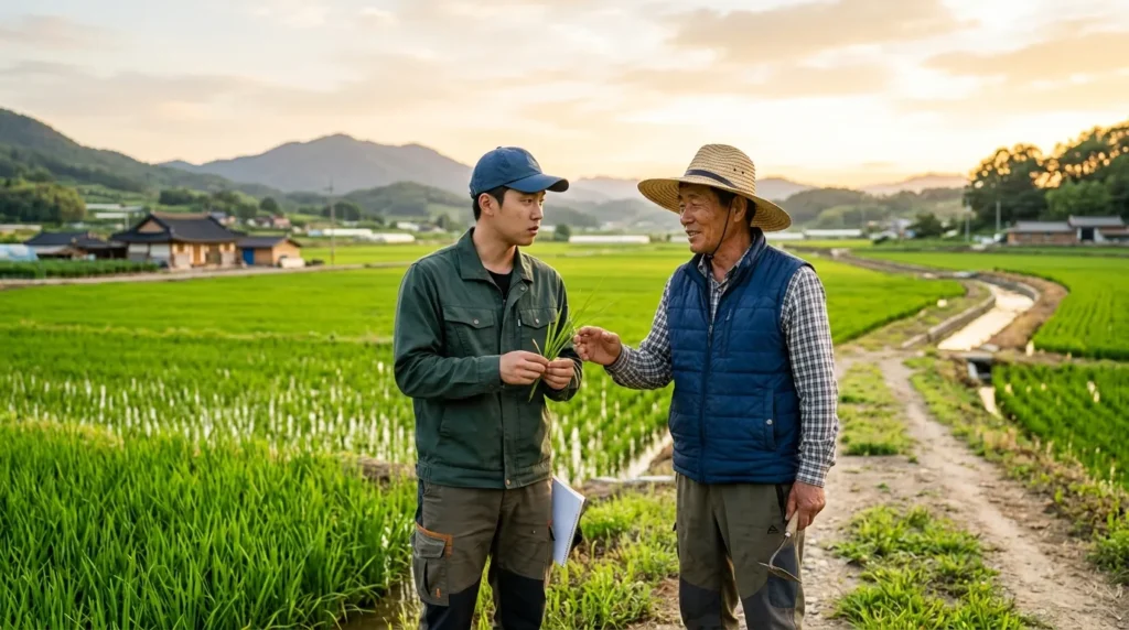 한국인 젊은 농부가 숙련된 멘토 농부와 함께 넓은 밭에서 농작물의 상태를 진지하게 관찰하며 대화하는 모습. 배경에는 비옥한 농경지가 펼쳐져 있고, 협력과 지혜를 상징하는 따뜻한 분위기이다.
