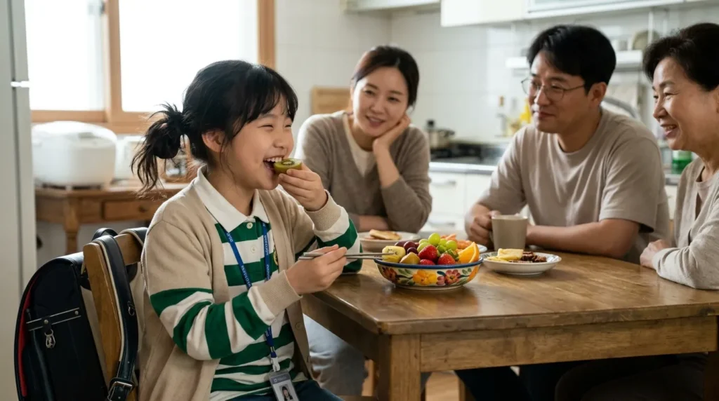 한국인 초등학생 한 명이 식탁에 놓인 알록달록한 과일을 즐겁게 먹고 있는 모습. 주변에는 가족이 지켜보고 있다.