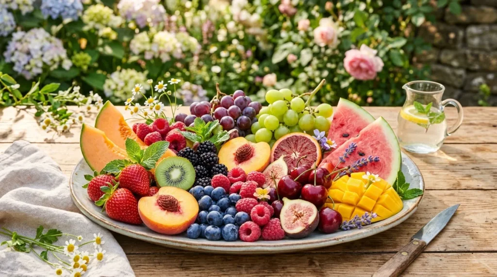 다양한 종류의 신선하고 알록달록한 제철과일들이 탐스럽게 놓여 있는 모습. 봄, 여름 분위기가 느껴지도록 밝은 색감으로 구성.
