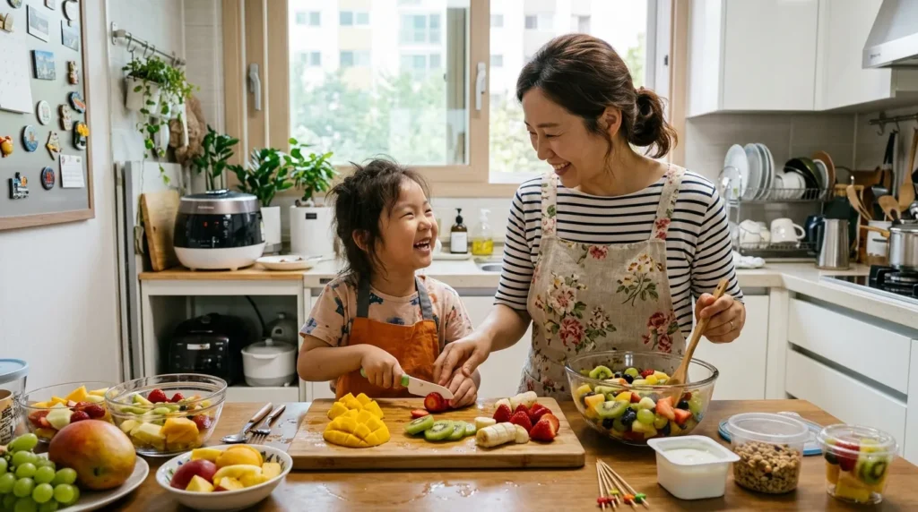 한국인 엄마와 아이가 부엌에서 다양한 제철과일을 이용해 즐겁게 간식을 만들고 있는 모습. 아이가 직접 과일을 자르거나 섞는 등 참여하는 모습.