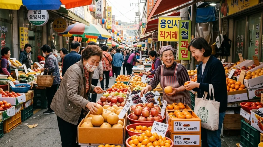 용인시의 활기찬 전통시장이나 로컬푸드 직매장에서 한국인들이 신선한 제철 과일을 고르고 있는 모습. 다양한 과일이 진열되어 있고, 사람들이 친근하게 소통하는 분위기.