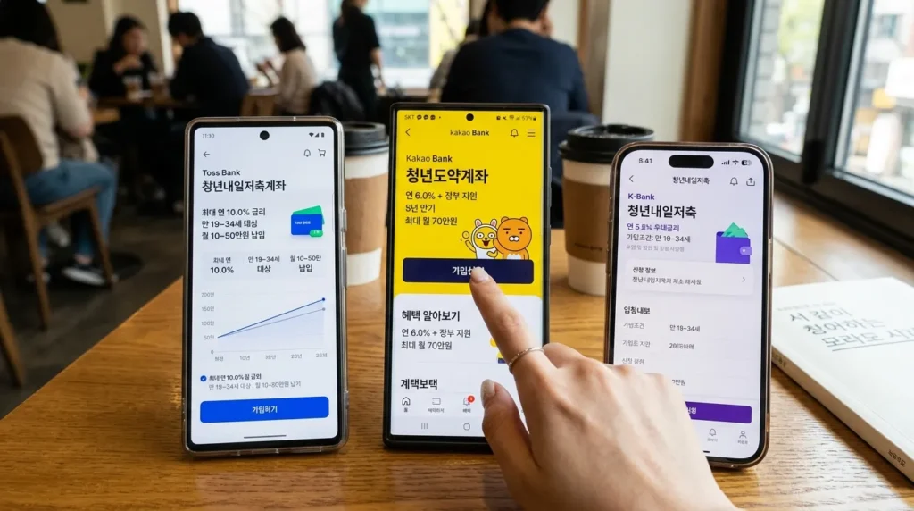 여러 스마트폰 화면에 카카오뱅크, 토스뱅크, 케이뱅크 앱이 각각 켜져 있고, 각 앱 화면에는 청년미래적금 상품 정보가 직관적으로 표시되어 있다. 젊은 한국인 손이 한 스마트폰을 터치하는 모습.