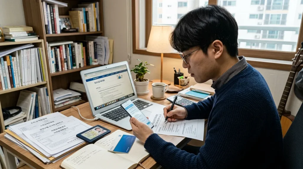 한 한국인 청년이 자신의 스마트폰과 노트북 화면을 보며 청년미래적금 가입 조건을 꼼꼼히 확인하고 서류를 정리하는 모습. 주변에는 금융 서류와 펜이 놓여 있다.
