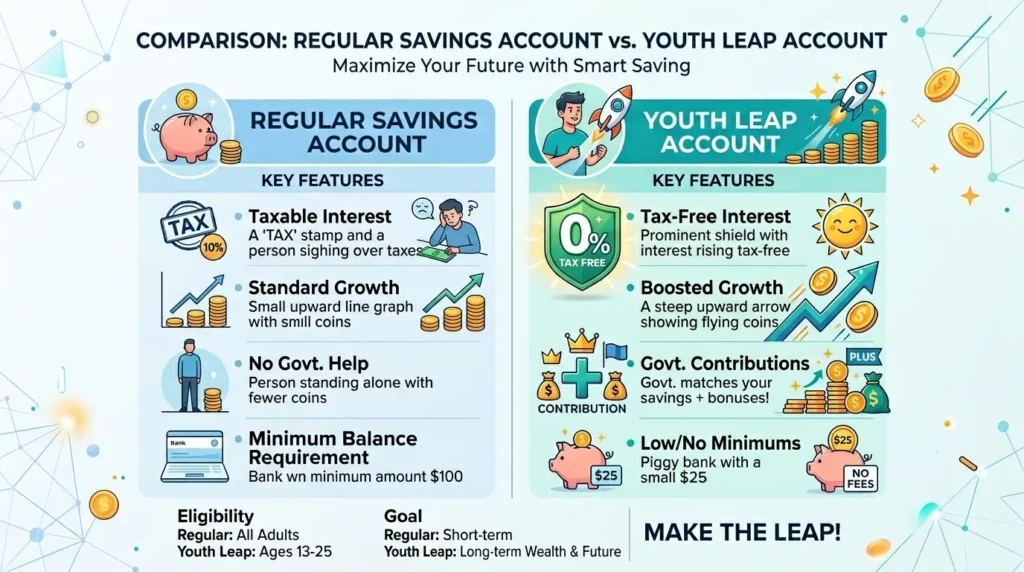 일반 저축 계좌와 청년 도약 계좌를 비교하는 전문적인 인포그래픽으로, 세금 면제 '0%' 아이콘과 정부 지원금을 나타내는 '플러스' 기호를 강조하여 깔끔하고 현대적인 금융 디자인을 보여줍니다.