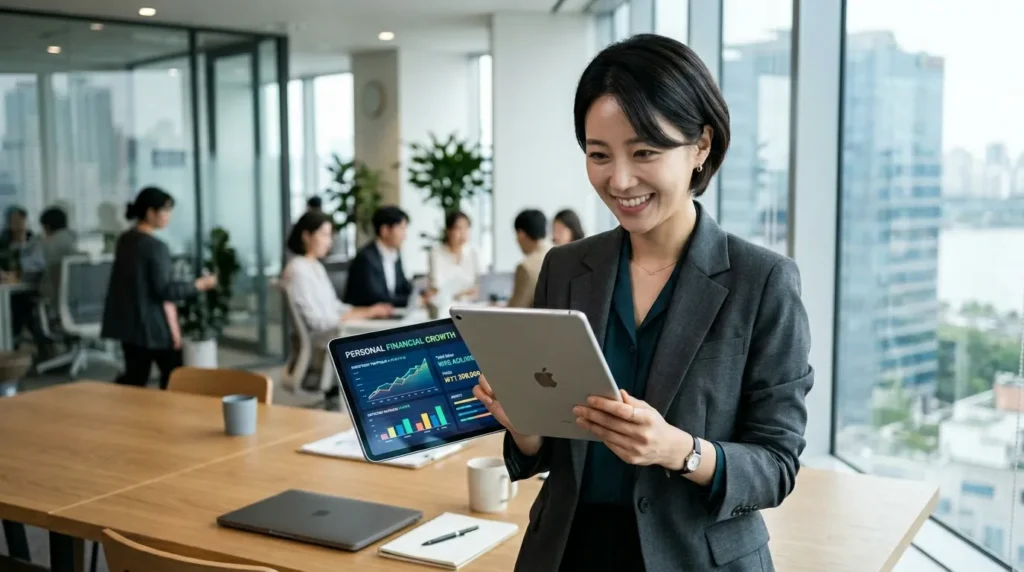 사무실 환경에서 디지털 태블릿에 표시된 재정 성장 차트를 보고 있는 자신감 넘치는 한국 청년 직장인의 고화질 사진으로, 개인의 경제적 자립을 상징합니다.