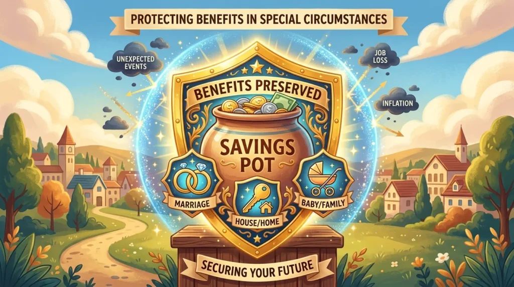 저축 통장을 보호하는 황금 방패 모양의 콘셉트 일러스트로, 결혼(반지), 집(열쇠), 유모차 아이콘이 포함되어 있어 혜택이 유지되는 특별한 상황을 나타냅니다.