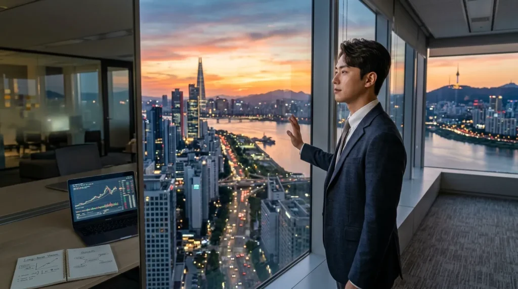해질녘 현대적인 도시 풍경을 바라보는 한국 청년의 모습은 미래에 대한 비전과 장기적인 재정 계획을 상징합니다.