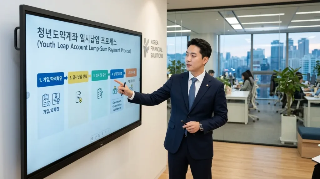 전문 한국인 금융 분석가가 '청년 도약 계좌' 일시금 지급 절차 흐름도가 표시된 디지털 화면을 가리키고 있다. 깔끔하고 현대적인 사무실 환경.