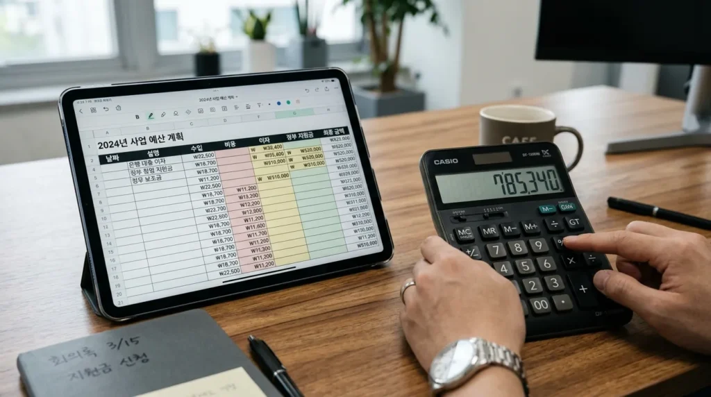 계산기와 태블릿이 놓인 고화질 클로즈업 사진. '이자'와 '정부 지원금' 항목이 있는 재무 스프레드시트가 표시되어 있으며, 한국 화폐 단위가 보인다.