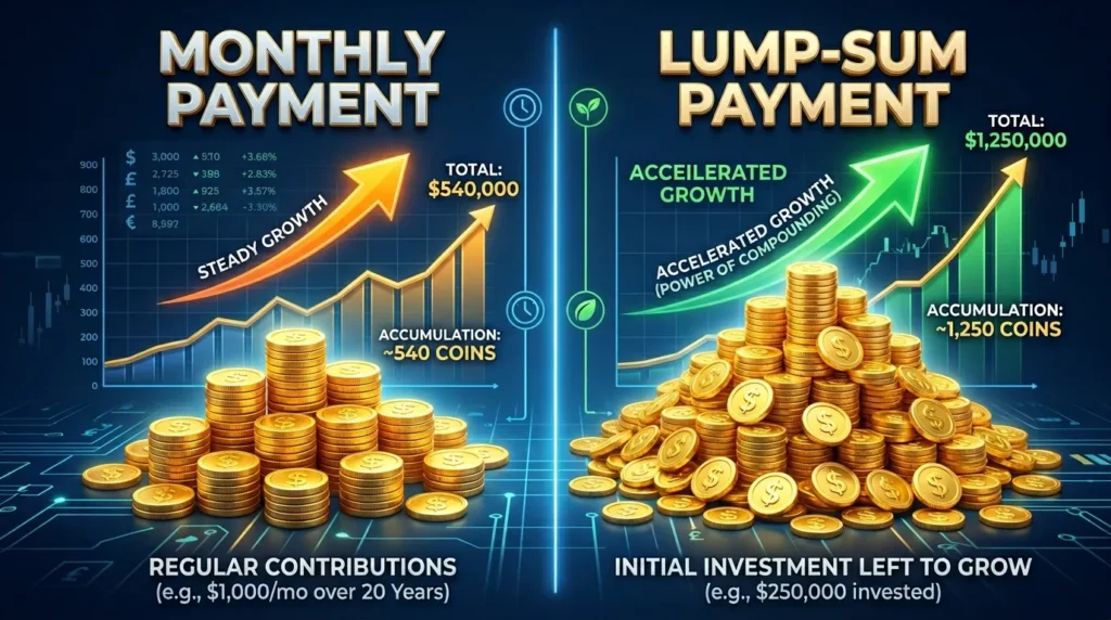화면이 분할된 3D 인포그래픽. 금화 더미 두 개가 비교되어 있다. 하나는 '월 납입금'을, 다른 하나는 '일시금'을 나타낸다. 위쪽 화살표는 성장을 나타낸다.