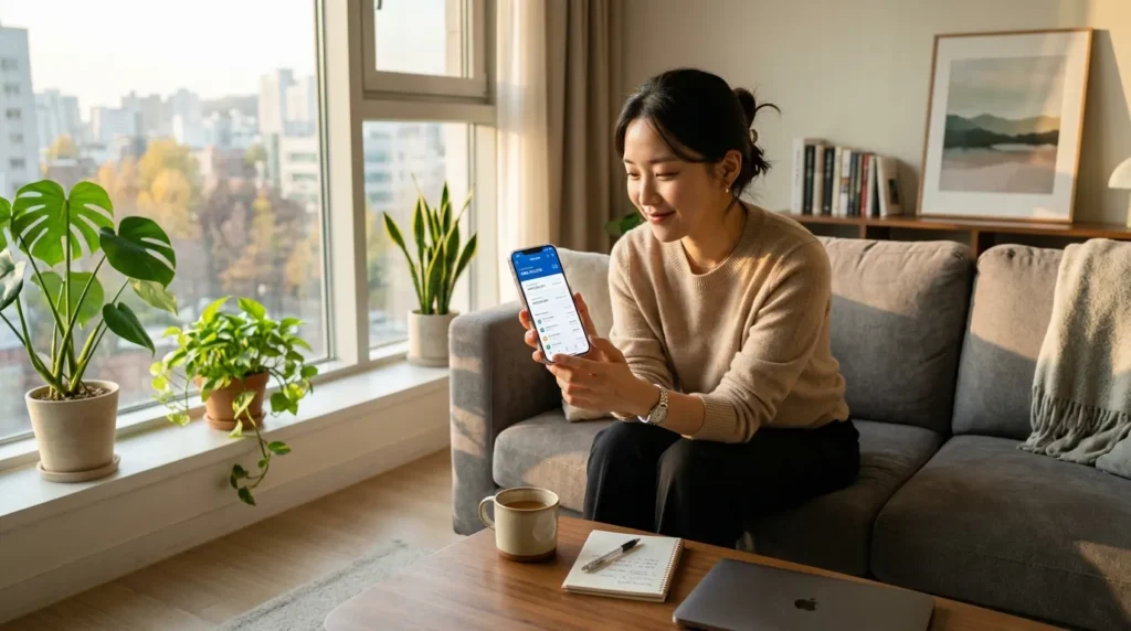 햇살이 비치는 거실에 앉아 스마트폰의 디지털 뱅킹 앱을 보고 있는 차분한 한국의 젊은 직장인. 재정적 안정과 계획을 상징한다.