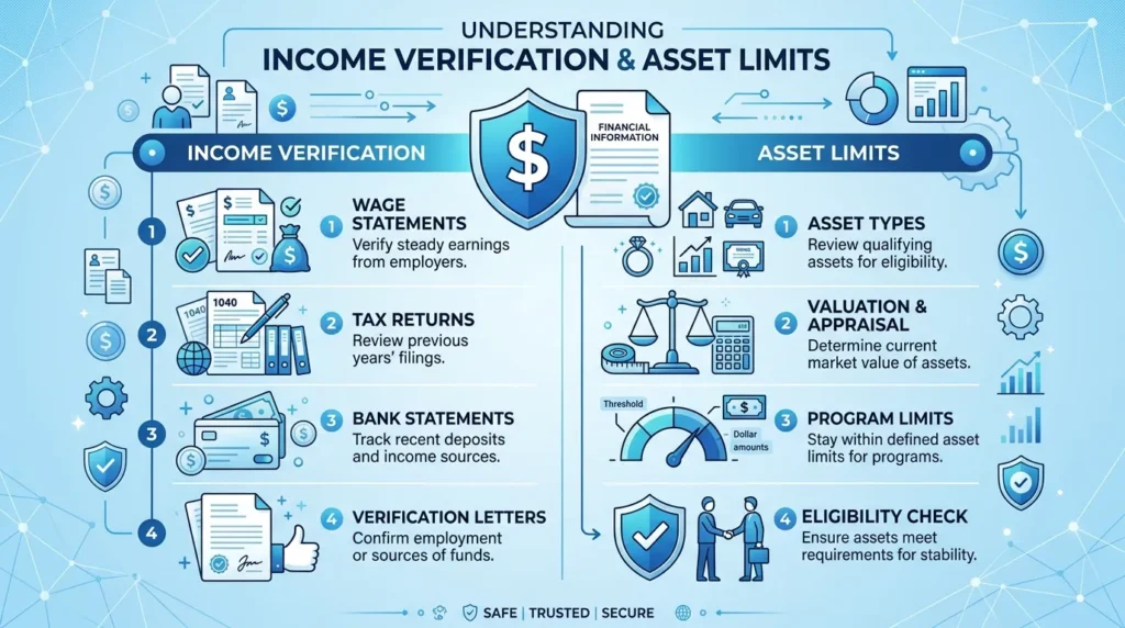 동전, 방패, 문서 등의 금융 아이콘을 보여주는 상세한 인포그래픽입니다. 파란색과 흰색의 색상 팔레트는 신뢰와 안정감을 나타냅니다. 아이콘은 소득 증명과 자산 한도를 나타냅니다. 깔끔하고 모던한 벡터 아트 스타일입니다.