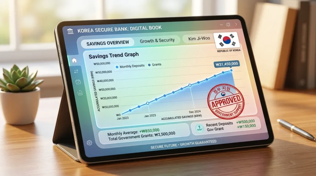 저축액이 꾸준히 증가하는 추세를 보여주는 디지털 통장입니다. 문서에는 작은 한국 국기 아이콘과 '정부 지원' 도장이 보입니다. 전체적으로 성장과 안정감을 주는 느낌입니다. 고품질 3D 렌더링입니다.