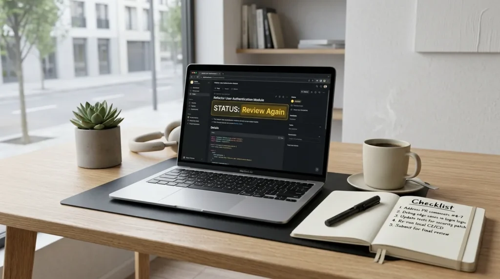 '다시 검토' 상태를 표시하는 노트북이 있는 깔끔하고 미니멀한 작업 공간입니다. 책상 위에는 커피 한 잔과 '체크리스트'라고 적힌 노트가 있습니다. 차분하고 분석적인 분위기로, 문제 해결에 집중하는 모습을 보여줍니다. 모던한 미학입니다.