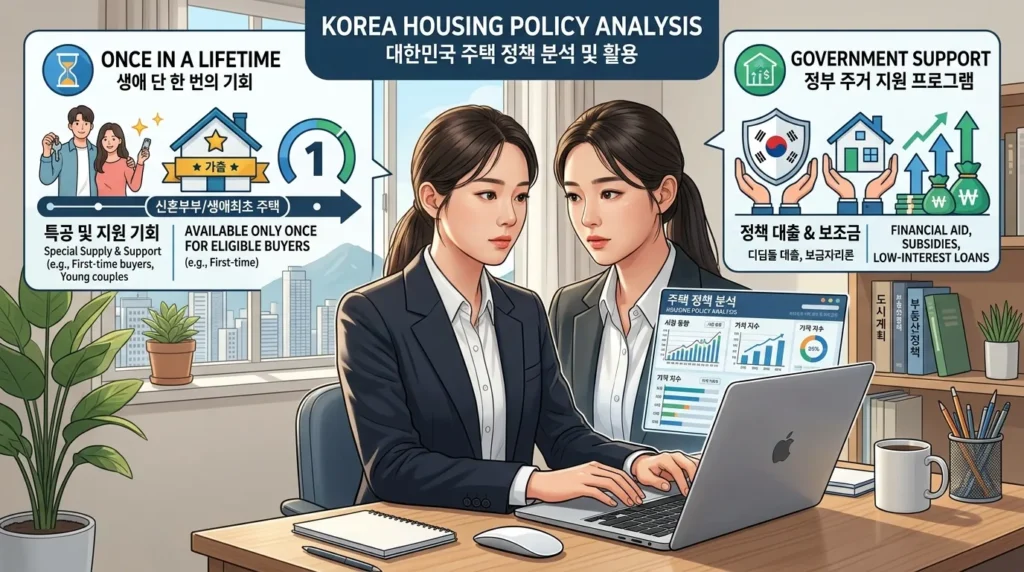 전문적인 인포그래픽으로, 한국의 젊은이가 노트북으로 주택 정책을 분석하는 모습을 보여주며, '일생에 단 한 번뿐인 기회'와 '정부 지원'을 상징하는 아이콘이 배치되어 있습니다.