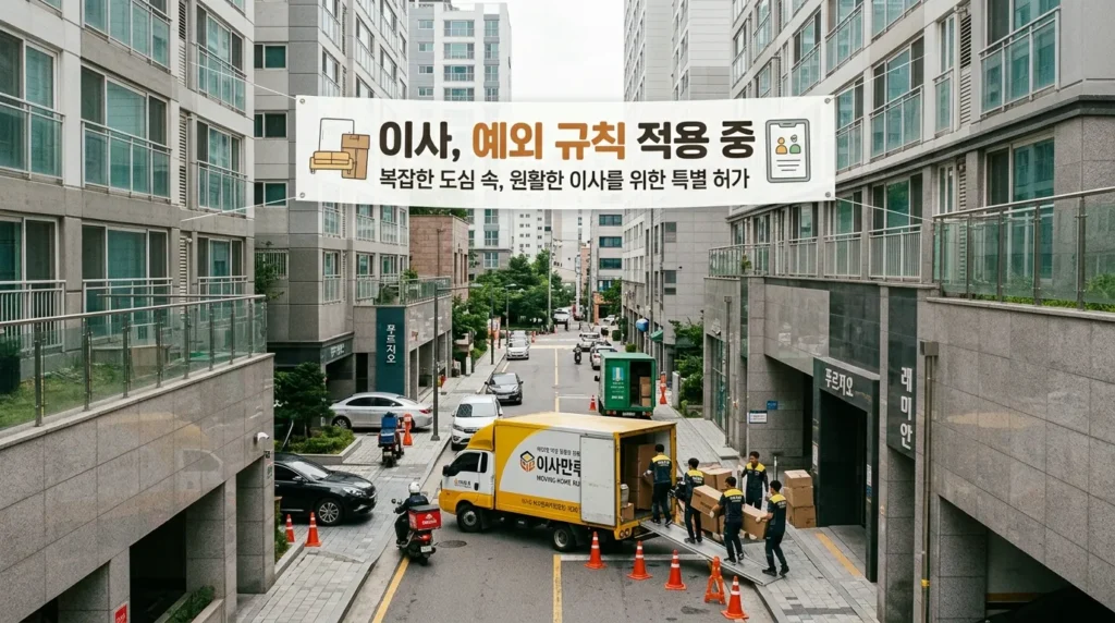 서울의 현대적인 아파트 두 채 사이에 이삿짐 트럭이 있는 모습을 담은 콘셉트 이미지로, 이사 시 일반적인 규칙에서 벗어난 예외적인 상황을 보여줍니다.