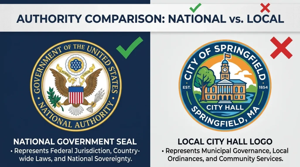 화면을 분할하여 한쪽에는 정부 인장이, 다른 한쪽에는 지방 자치 단체 로고를 배치하고, 체크 표시와 엑스 표시를 함께 보여줍니다.