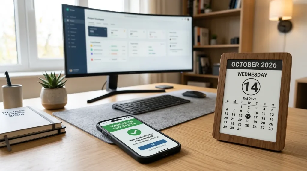 깔끔하게 정돈된 책상 위에 스마트폰이 놓여 있고, '제출 완료' 화면과 2026년을 표시하는 디지털 달력이 보입니다.