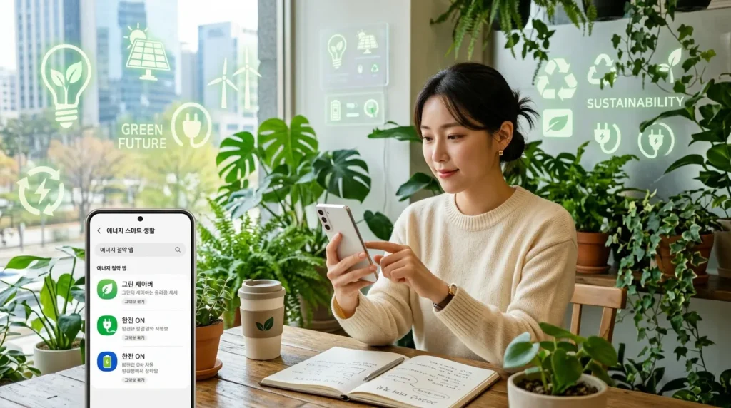 한국인이 스마트폰으로 에너지 절약 관련 애플리케이션이나 정보를 찾아보며 미래를 계획하는 모습. 배경에는 에너지 절약 심볼과 푸른 녹색 환경이 어우러져 있다.