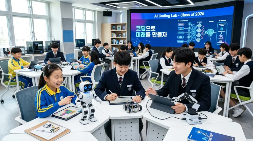 2026년의 첨단 디지털 교실에서 한국인 초중고 학생들이 태블릿과 AI 로봇을 활용해 열정적으로 코딩 수업에 참여하고 있는 밝고 현대적인 모습