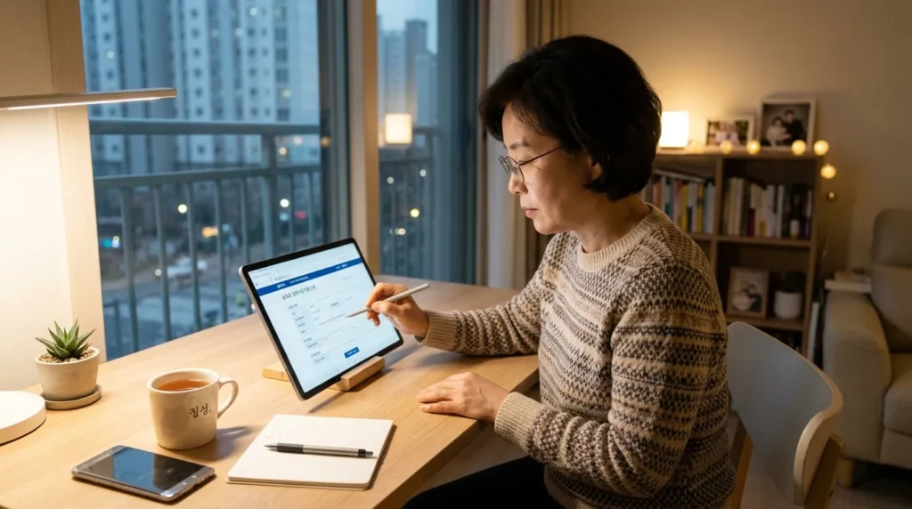 깨끗한 책상 위에 놓인 태블릿 화면에 '정부24' 신청 페이지가 띄워져 있고 한 한국인 학부모가 신중하게 온라인 신청서를 작성하고 있는 모습