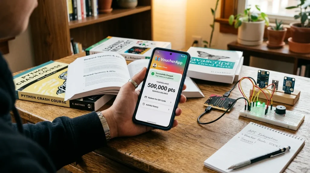 스마트폰 화면에 500,000 포인트가 충전된 디지털 바우처 앱의 인터페이스가 보이고 주변에 코딩 책자와 마이크로비트 센서들이 배치된 감성적인 이미지