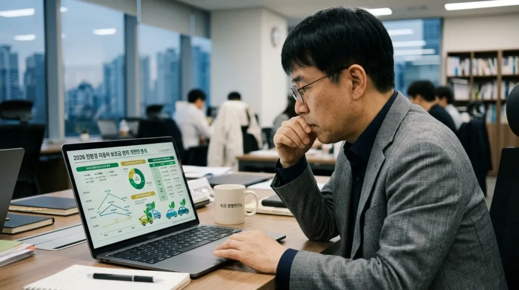 한국인 전문가가 노트북 화면을 통해 2026년 친환경차 보조금 정책 변화를 분석하고 있는 모습. 복잡한 그래프와 숫자, 그리고 친환경 자동차 아이콘이 함께 보인다.