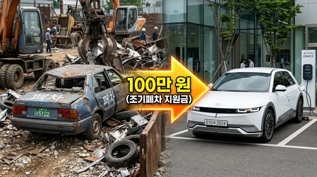 폐차되는 오래된 자동차와 새 전기차가 나란히 서 있는 대비되는 이미지. 두 차량 사이에 화살표와 100만원이라는 금액이 강조되어 있다.