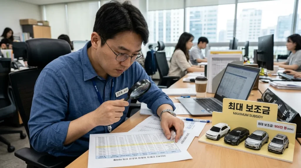 돋보기를 들고 보조금 계산표를 꼼꼼히 살펴보는 한국인 남성의 모습. 옆에는 여러 친환경차 모델의 미니어처와 함께 '최대 보조금'이라는 문구가 강조되어 있다.