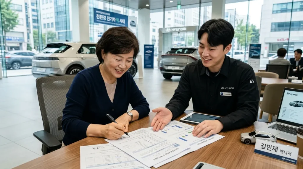 한국인 구매자가 전기차 딜러와 상담하며 서류에 서명하는 모습. 서류에는 복잡한 보조금 신청 양식이 그려져 있고, 딜러는 친절하게 설명해주고 있다.